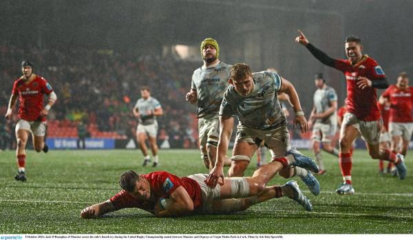 Jack O'Donoghue of Munster scores his side's fourth try during the URC match against Ospreys at Virgin Media Park in Cork. Photo by Seb Daly/Sportsfile Jack O'Donoghue of Munster scores his side's fourth try during the URC match against Ospreys at Virgin Media Park in Cork. Photo by Seb Daly/Sportsfile